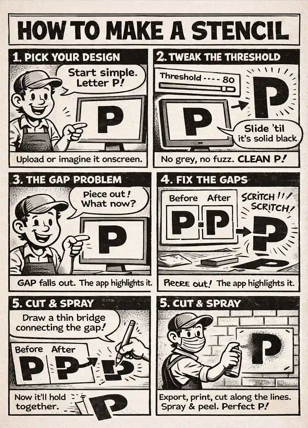 How to make a stencil: 6-step comic showing the letter P. Pick a design, tweak the threshold, find gaps, fix them with bridges, cut and spray.