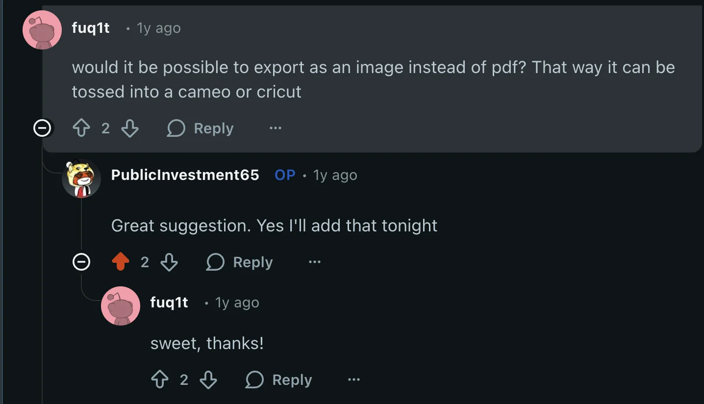 Reddit thread: feature request for image export, developer adds it same day